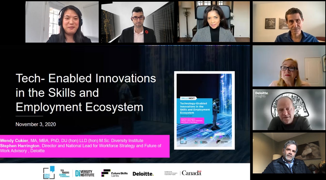 Screenshots of webinar speakers and panelists bordering the title page of a PowerPoint slide deck reading, Tech-Enabled Innovation in the Skills and Employment Ecosystem. November 3, 2020.